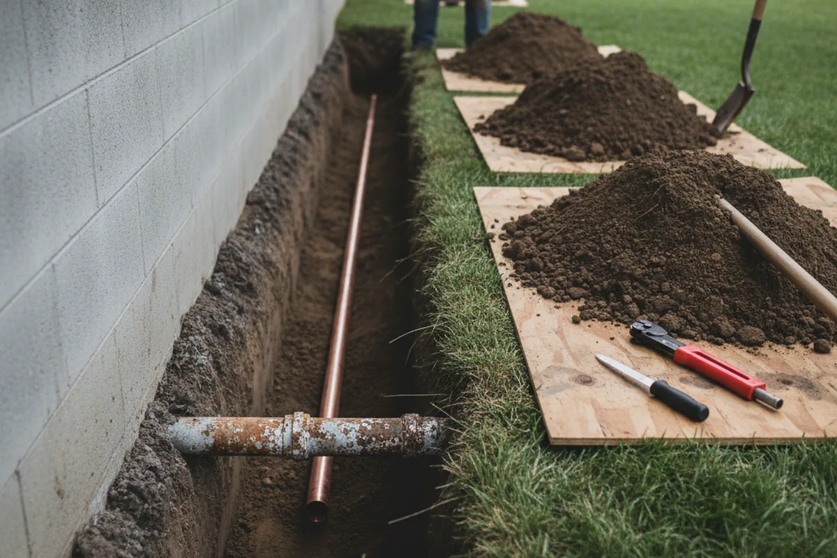 Excavated water line trench during Water Softener Installation in Atomic City